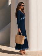 Retro V-Neck Contrast Striped Balloon Sleeves Ribbed Knit Maxi Dress