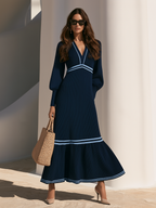 Retro V-Neck Contrast Striped Balloon Sleeves Ribbed Knit Maxi Dress