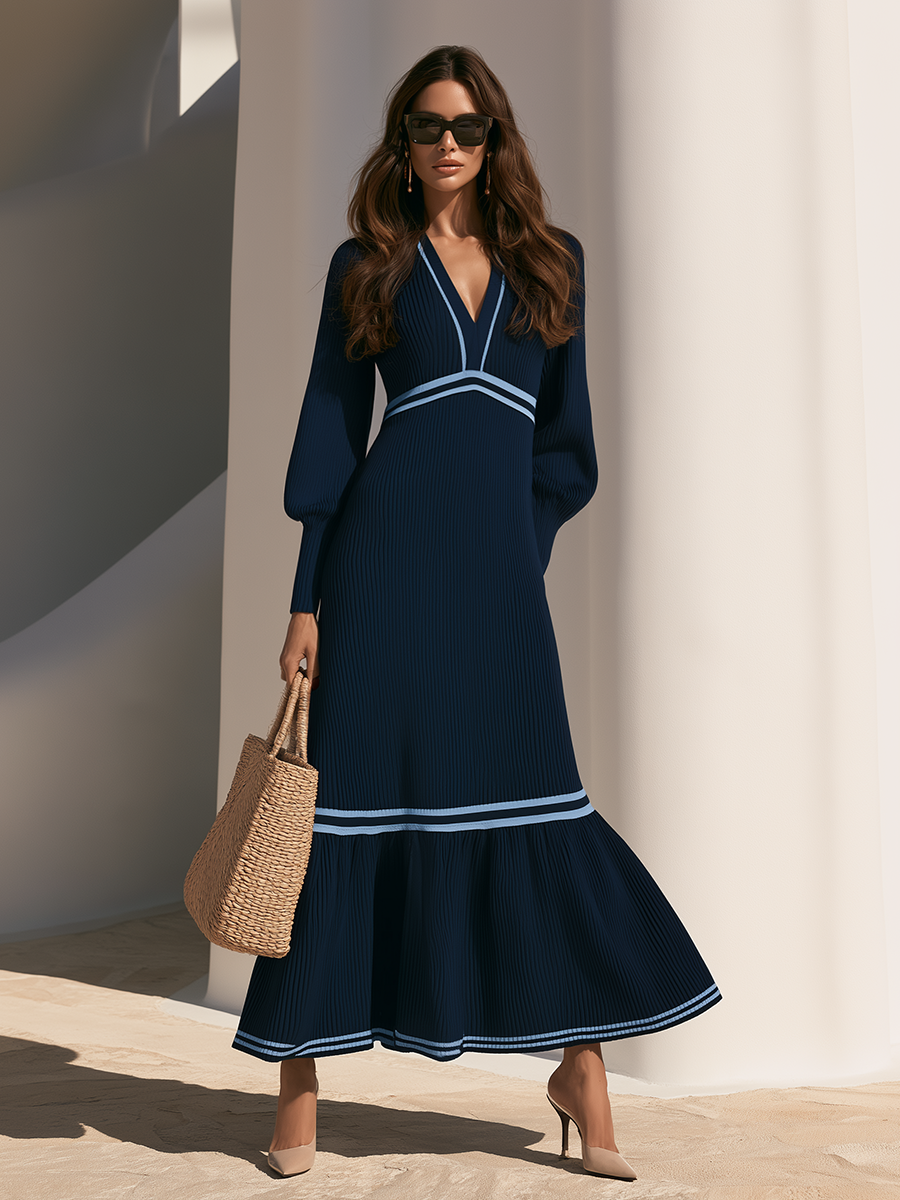 Retro V-Neck Contrast Striped Balloon Sleeves Ribbed Knit Maxi Dress