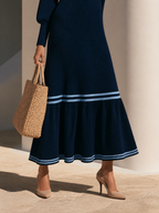Retro V-Neck Contrast Striped Balloon Sleeves Ribbed Knit Maxi Dress