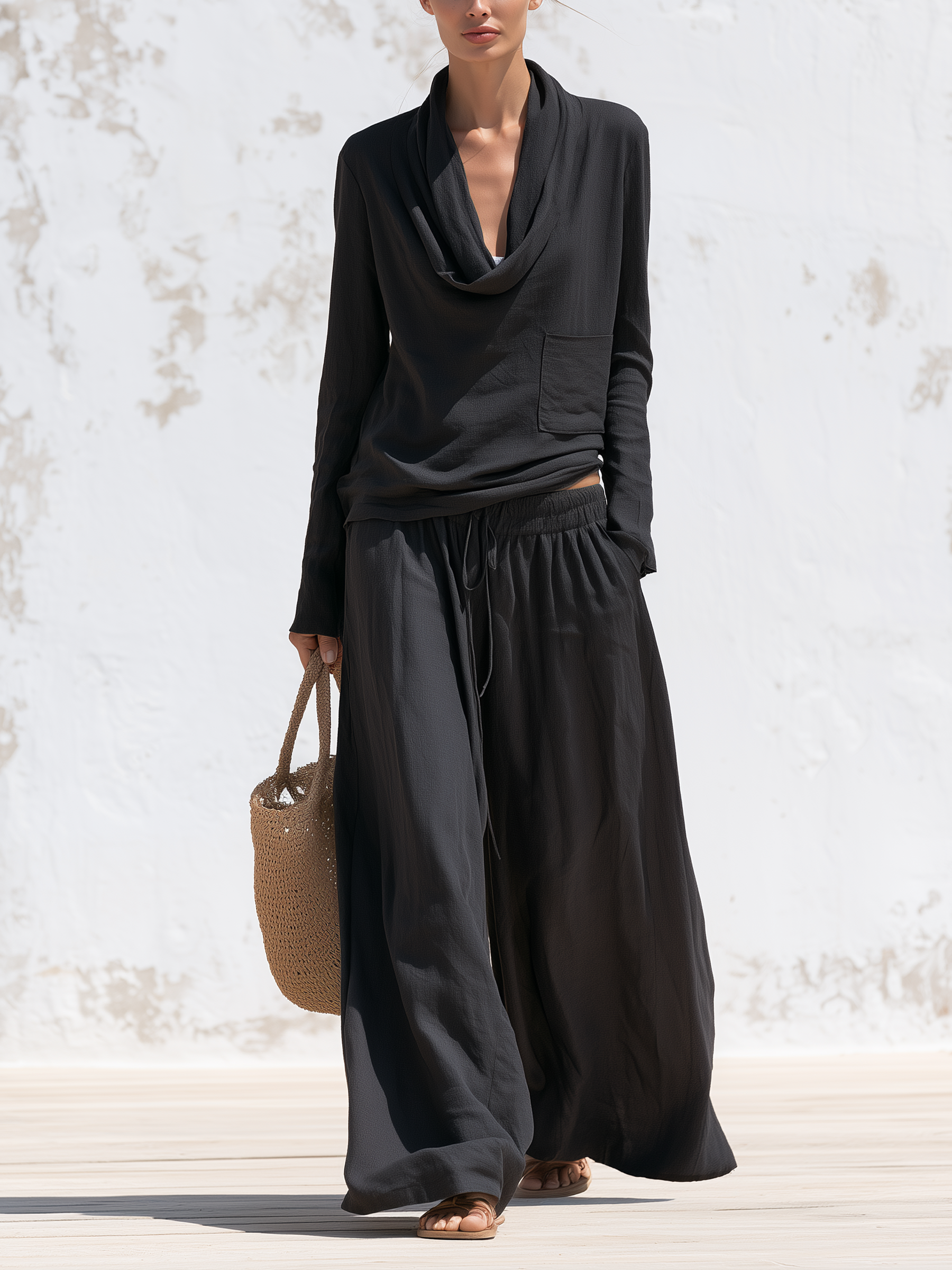 Cowl Neck Long Sleeve Top & Drawstring Wide Leg Pants Two Piece Set