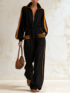 Black Orange Color‑Block Zip Collar Elastic Waist Wide‑Leg Jumpsuit