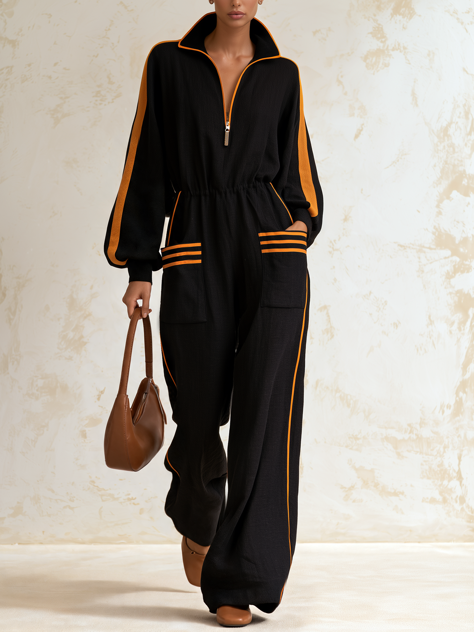 Black Orange Color‑Block Zip Collar Elastic Waist Wide‑Leg Jumpsuit