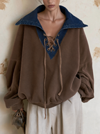 Brown Denim Contrast Collar Lace‑Up Oversized Sweatshirt