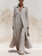 Minimalist Linen Layered Set – Women’s Long Shirt Jacket With Wide Leg Pants
