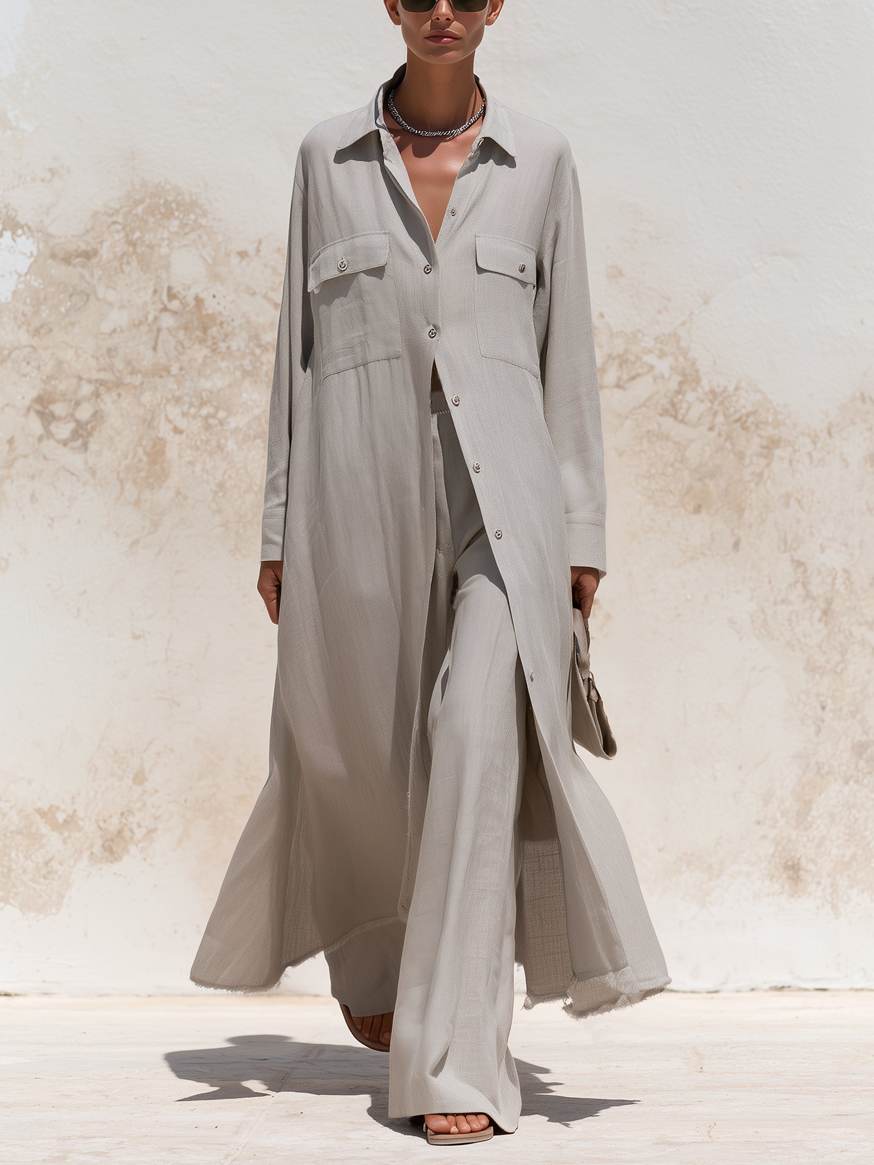 Minimalist Linen Layered Set – Women’s Long Shirt Jacket With Wide Leg Pants