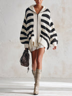 Women’s Oversized Striped Knit Hoodie Cardigan – Casual Zip Front Hooded Sweater Jacket