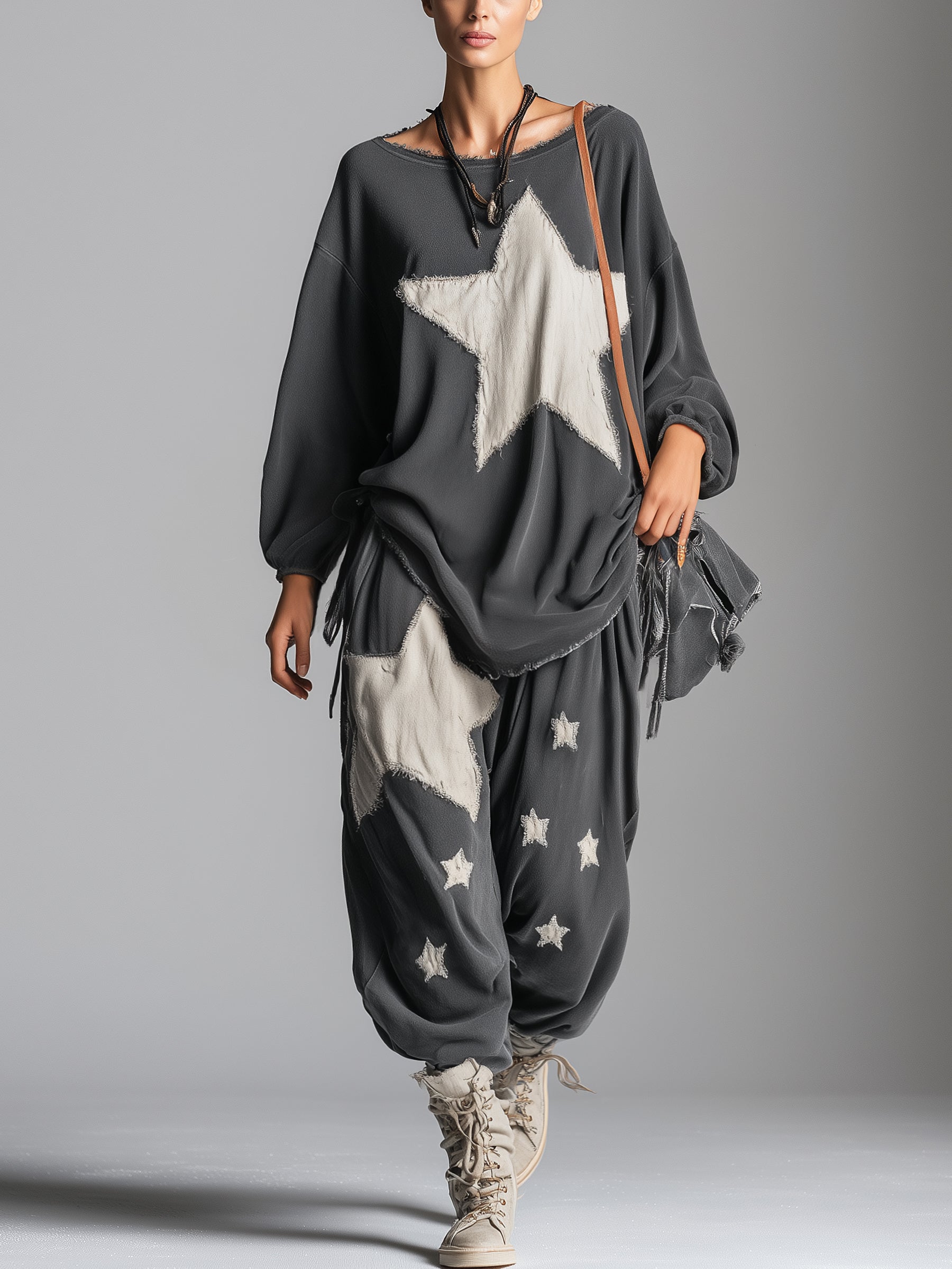 Women’s Oversized Star Patch Sweatshirt & Jogger Set – Casual Streetwear Two Piece Lounge Outfit