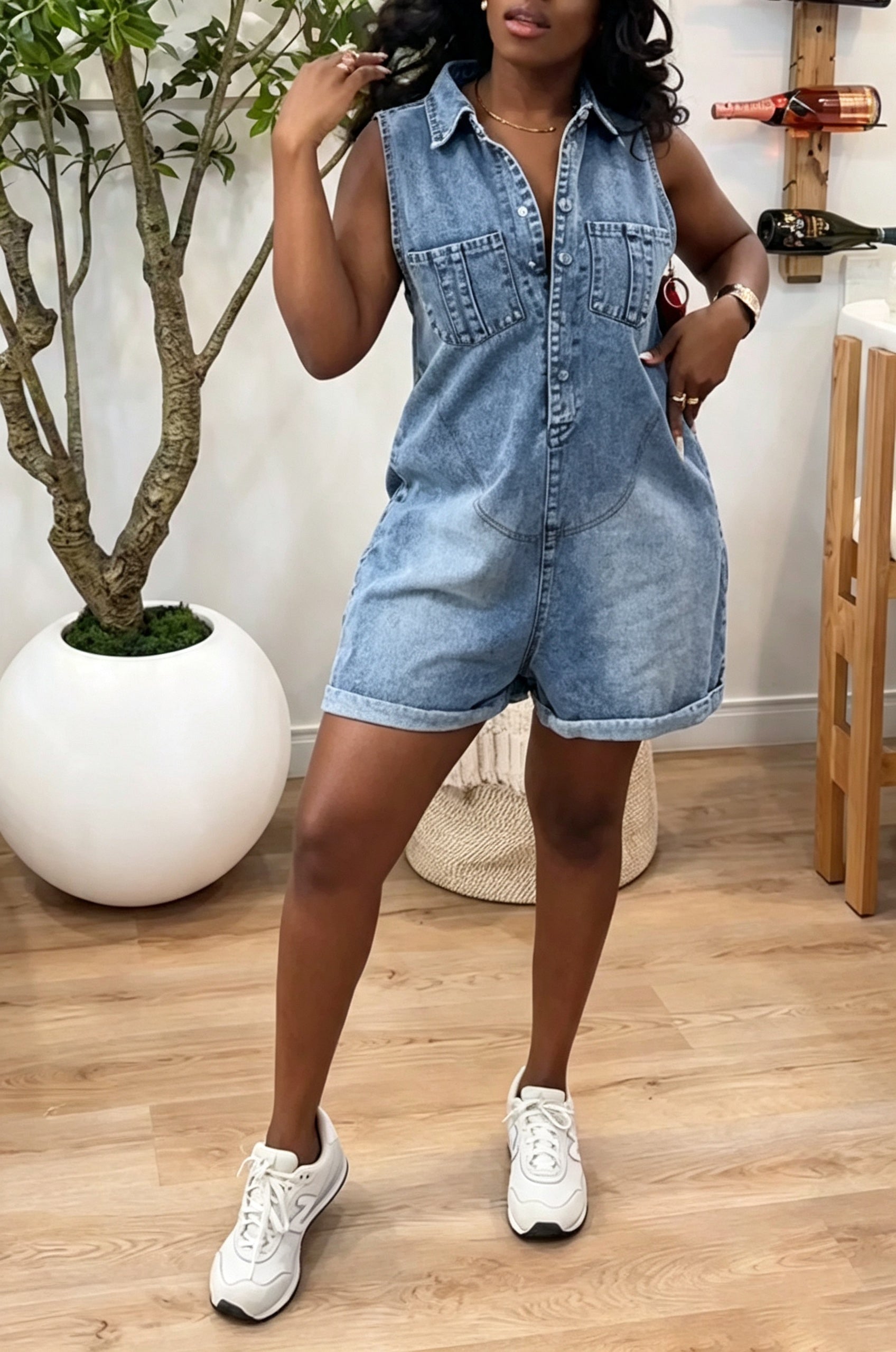 Women's Casual Lunch Break Shirt Collar Loose Denim Short Jumpsuit