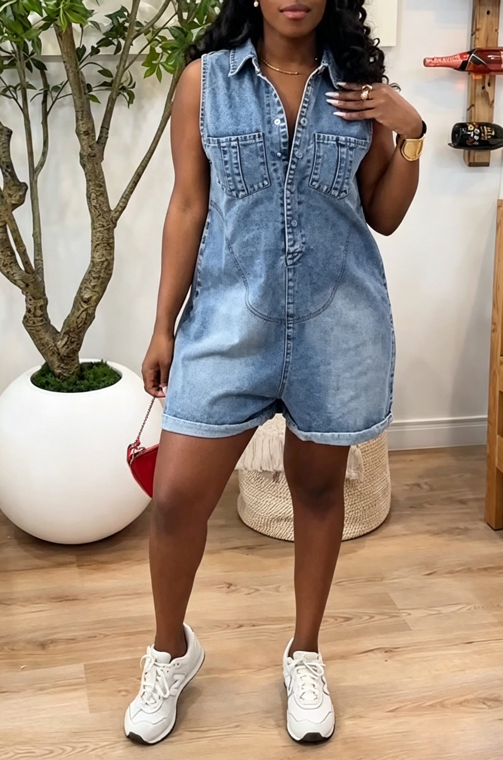 Women's Casual Lunch Break Shirt Collar Loose Denim Short Jumpsuit