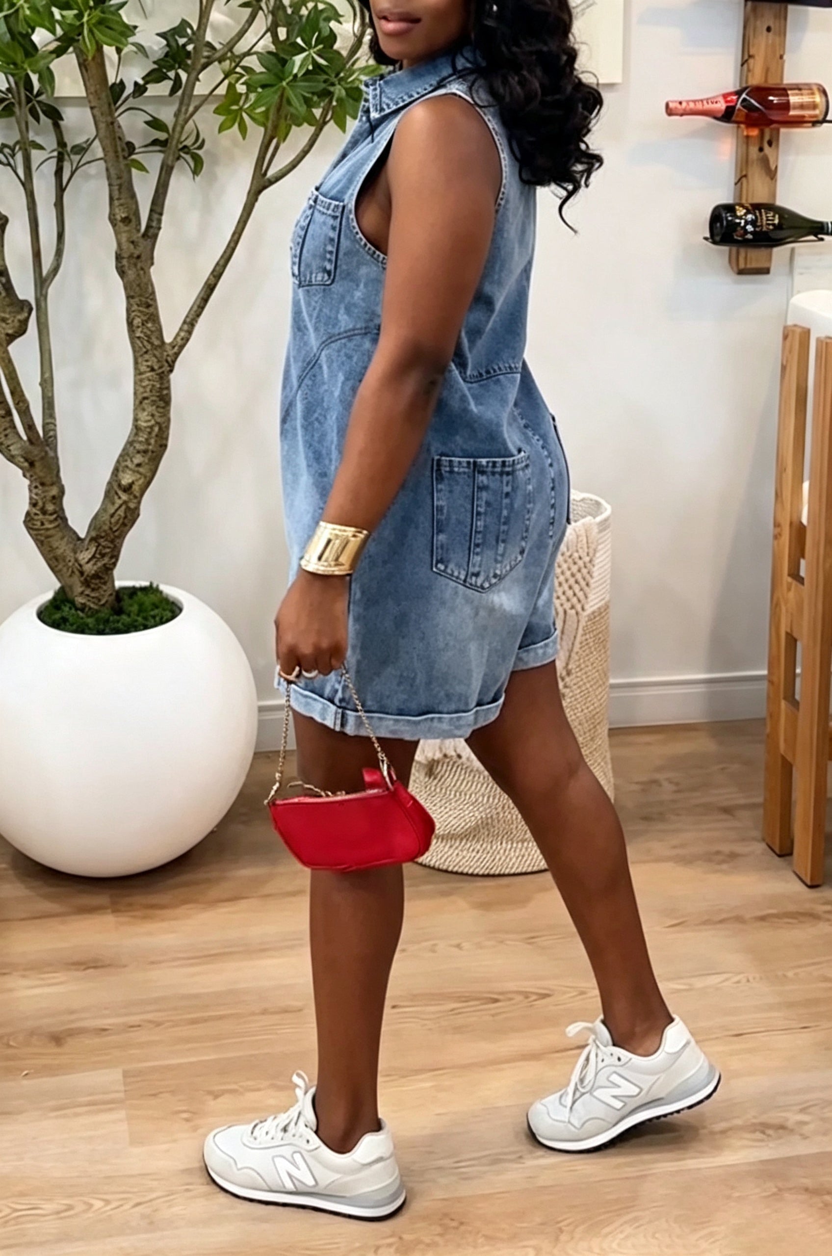 Women's Casual Lunch Break Shirt Collar Loose Denim Short Jumpsuit