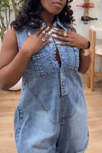 Women's Casual Lunch Break Shirt Collar Loose Denim Short Jumpsuit