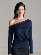 Satin Asymmetric Off-the-Shoulder Ruched Top