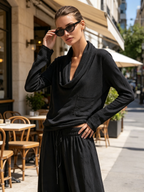 Cowl Neck Long Sleeve Top & Drawstring Wide Leg Pants Two Piece Set