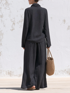 Cowl Neck Long Sleeve Top & Drawstring Wide Leg Pants Two Piece Set