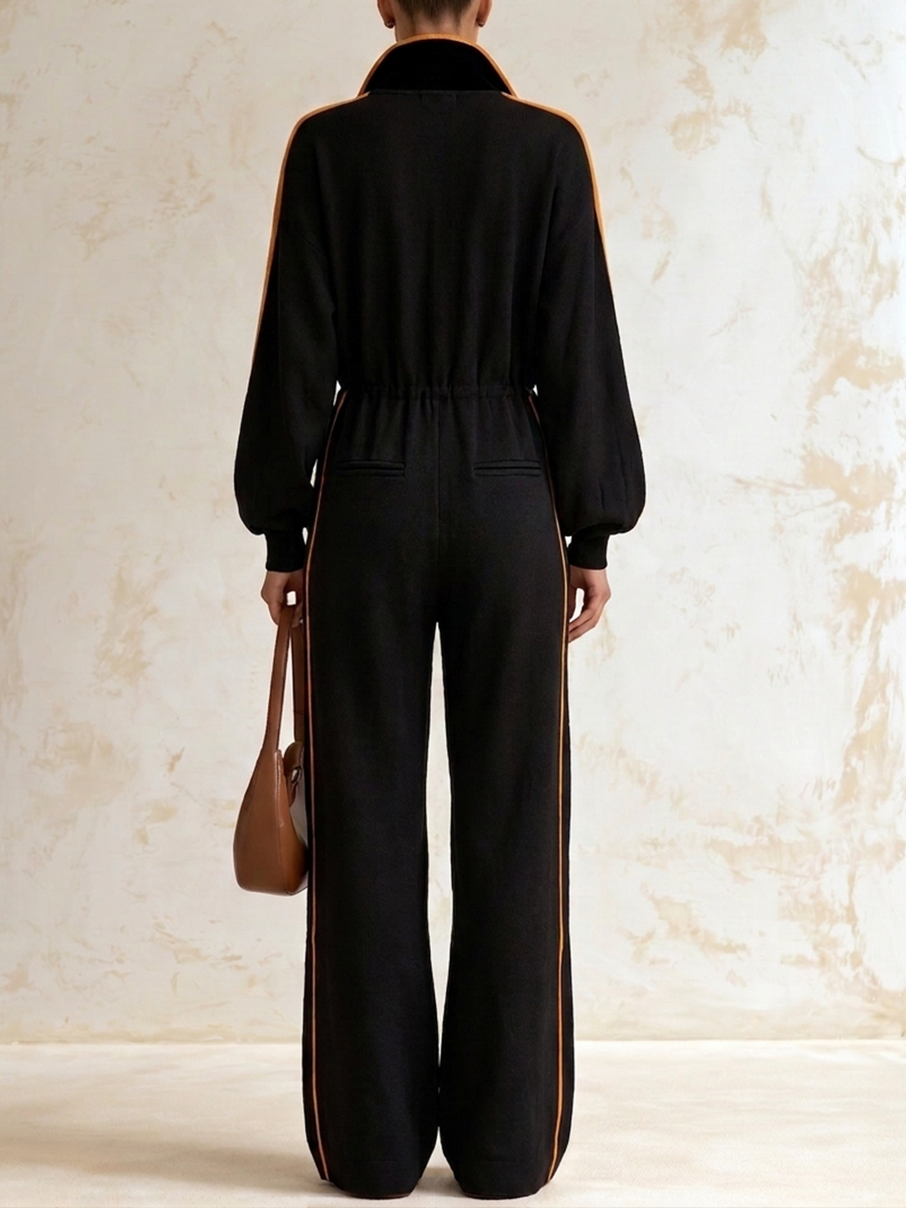 Black Orange Color‑Block Zip Collar Elastic Waist Wide‑Leg Jumpsuit