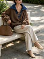 Brown Denim Contrast Collar Lace‑Up Oversized Sweatshirt