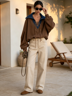 Brown Denim Contrast Collar Lace‑Up Oversized Sweatshirt