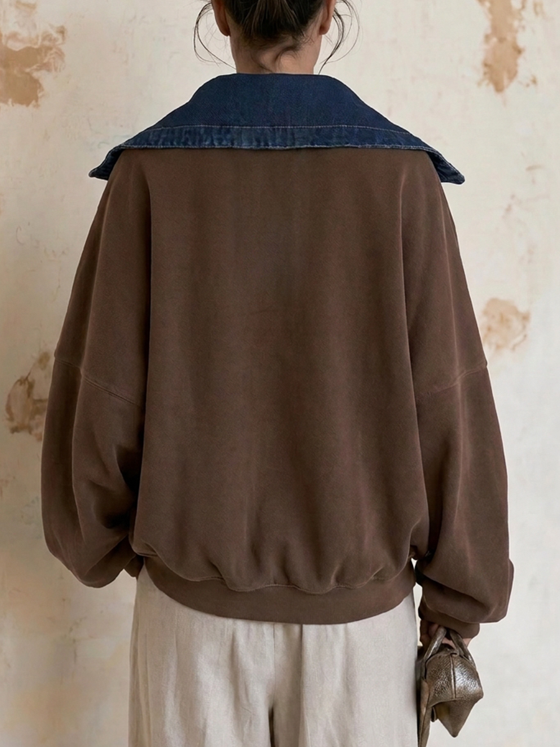 Brown Denim Contrast Collar Lace‑Up Oversized Sweatshirt