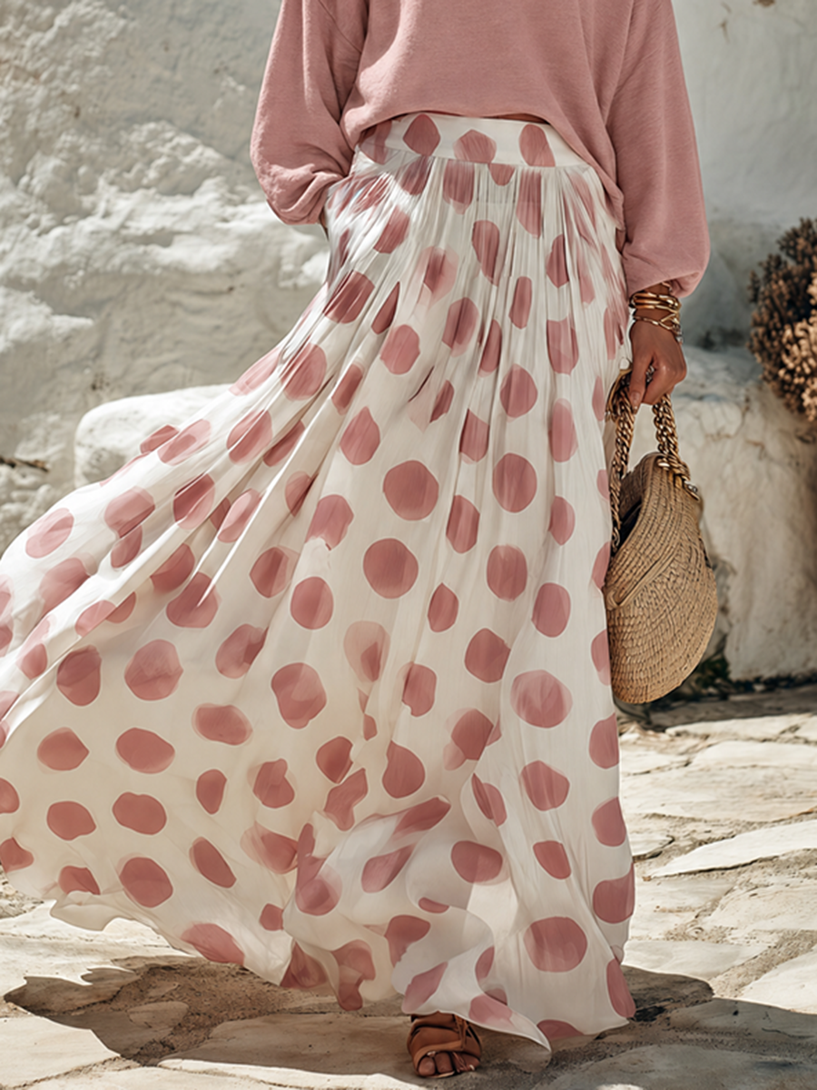 Vacation-style Polka-dot Chiffon Maxi Skirt