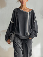 Women’s Oversized Zip-Up Sweatshirt Top – Minimalist Contrast Trim Casual Long Sleeve Jacket