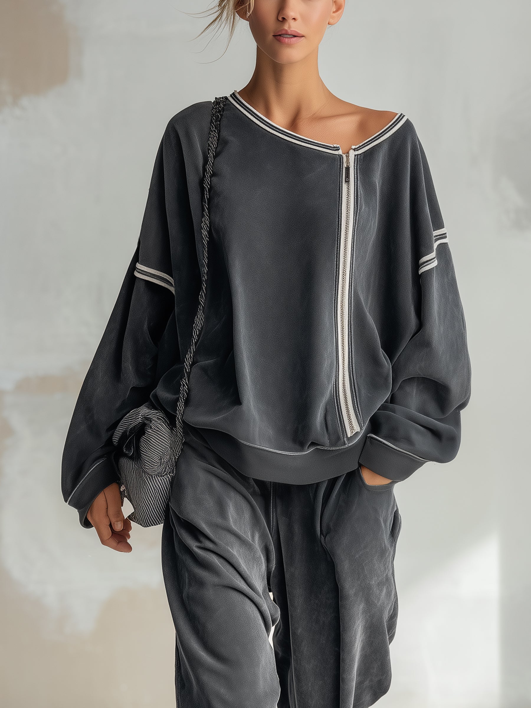 Women’s Oversized Zip-Up Sweatshirt Top – Minimalist Contrast Trim Casual Long Sleeve Jacket