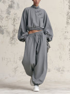Chinese Frog Button Crop Sweatshirt & Baggy Jogger Two-Piece Set