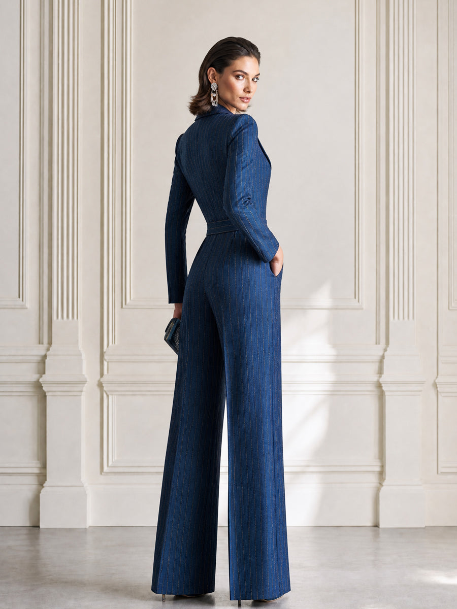 Pinstripe Belted Wide-Leg Jumpsuit