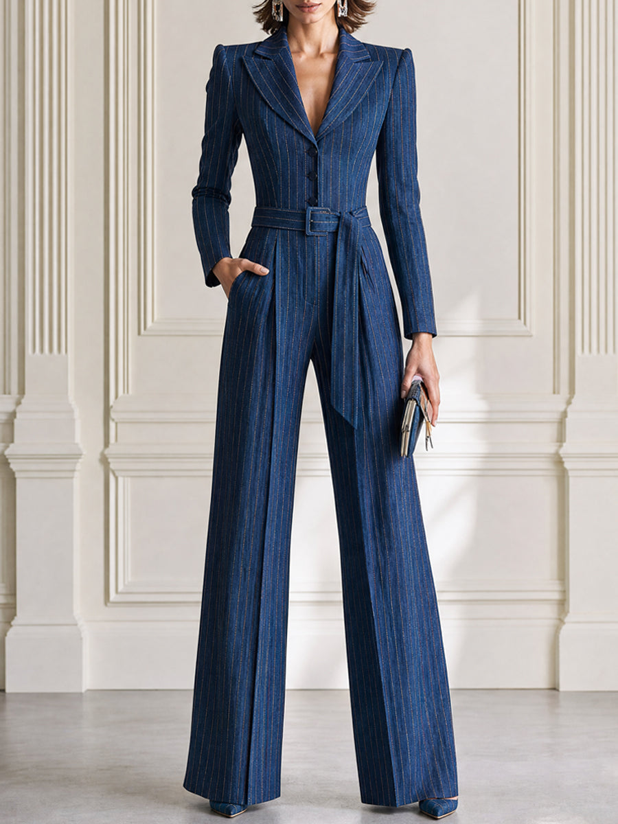 Pinstripe Belted Wide-Leg Jumpsuit