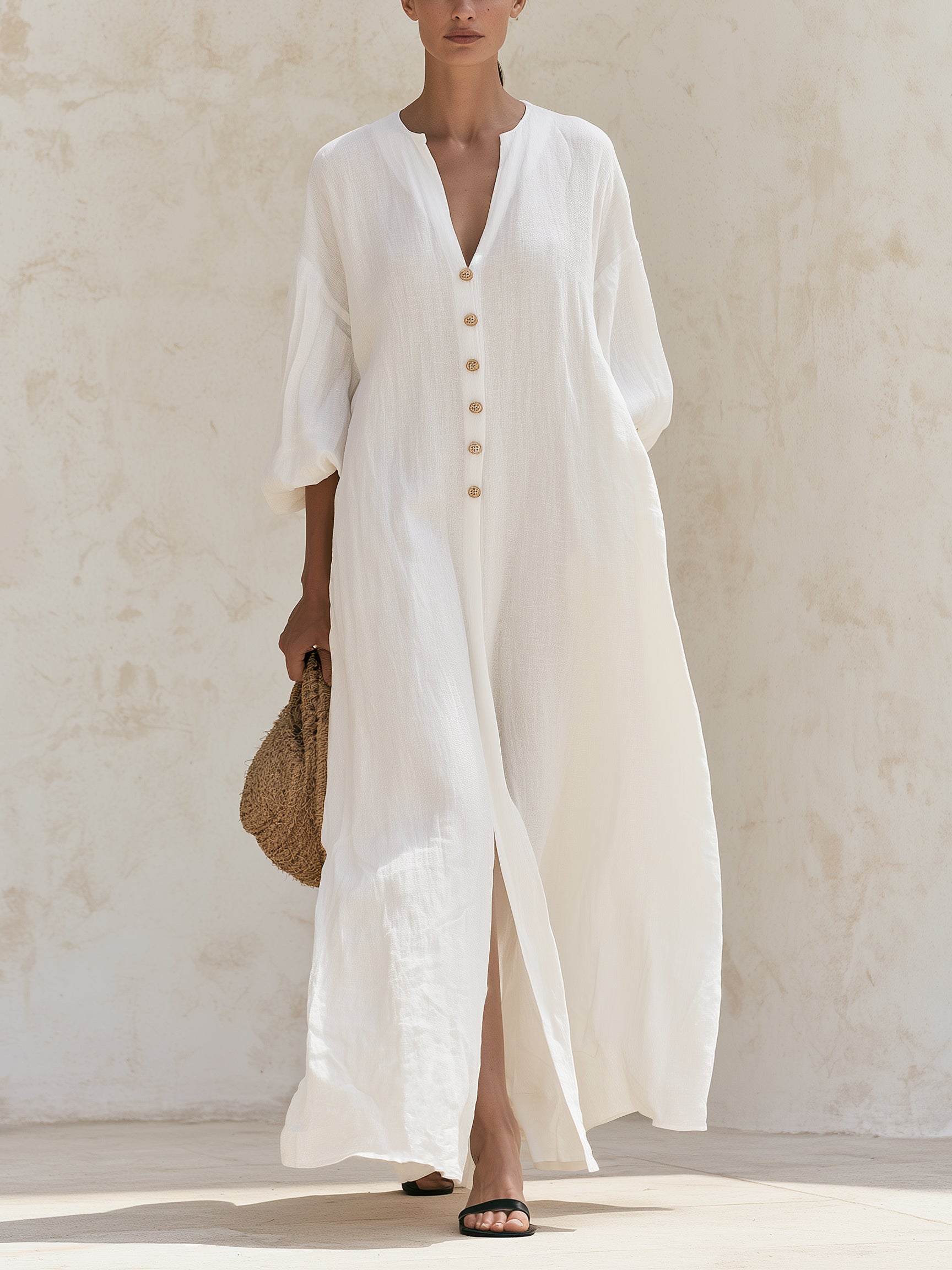 Minimalist White Maxi Shirt Dress – Oversized Button Down Long Dress