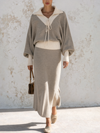 Grey Beige Color‑Block Lace‑Up Collar Knit Two‑Piece Skirt Set