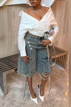 Women's Fashion Button Waist Cinching Shirt or Lace-Up Short Cargo Jeans