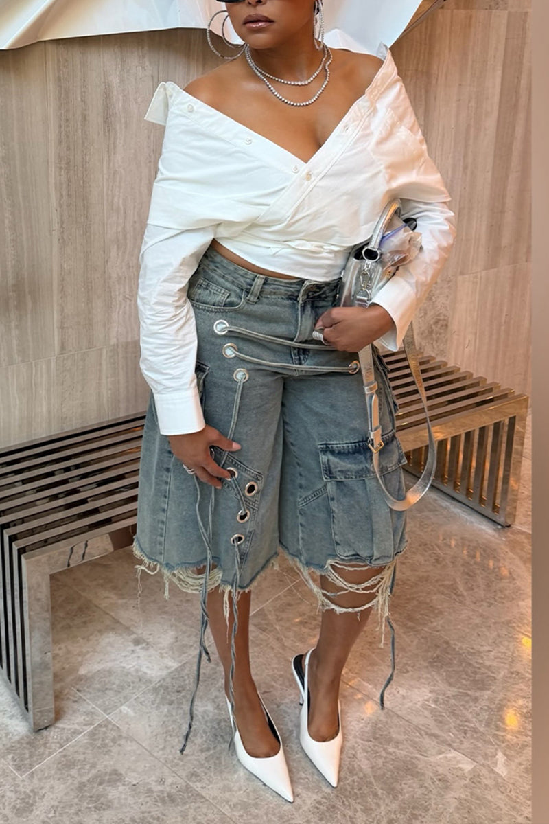 Women's Fashion Button Waist Cinching Shirt or Lace-Up Short Cargo Jeans