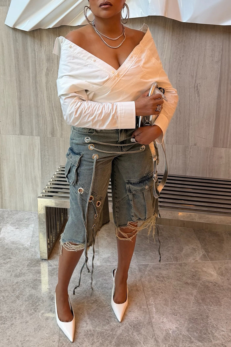 Women's Fashion Button Waist Cinching Shirt or Lace-Up Short Cargo Jeans