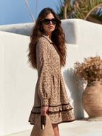 Retro Leopard Print Long Sleeve Ruffle Hem Faux Suede Mini Dress