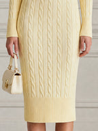 Butter Yellow Cable Knit Zip-Collar Midi Sweater Dress