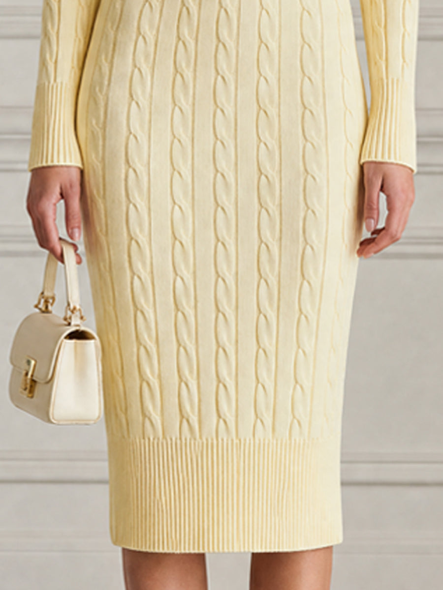 Butter Yellow Cable Knit Zip-Collar Midi Sweater Dress