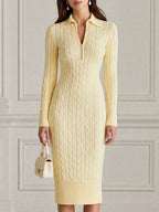 Butter Yellow Cable Knit Zip-Collar Midi Sweater Dress
