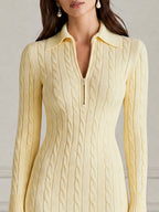 Butter Yellow Cable Knit Zip-Collar Midi Sweater Dress