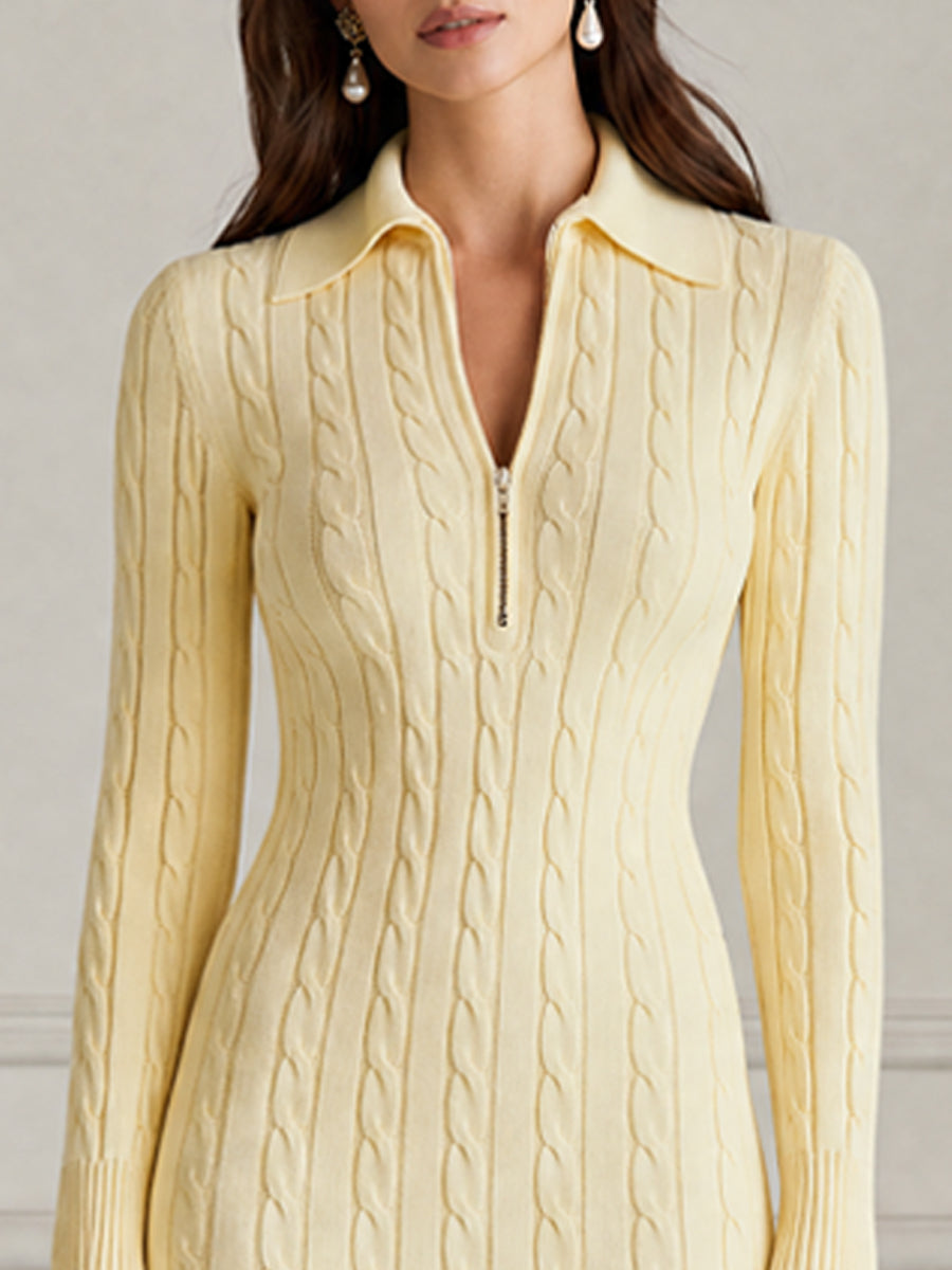 Butter Yellow Cable Knit Zip-Collar Midi Sweater Dress