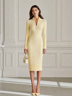 Butter Yellow Cable Knit Zip-Collar Midi Sweater Dress
