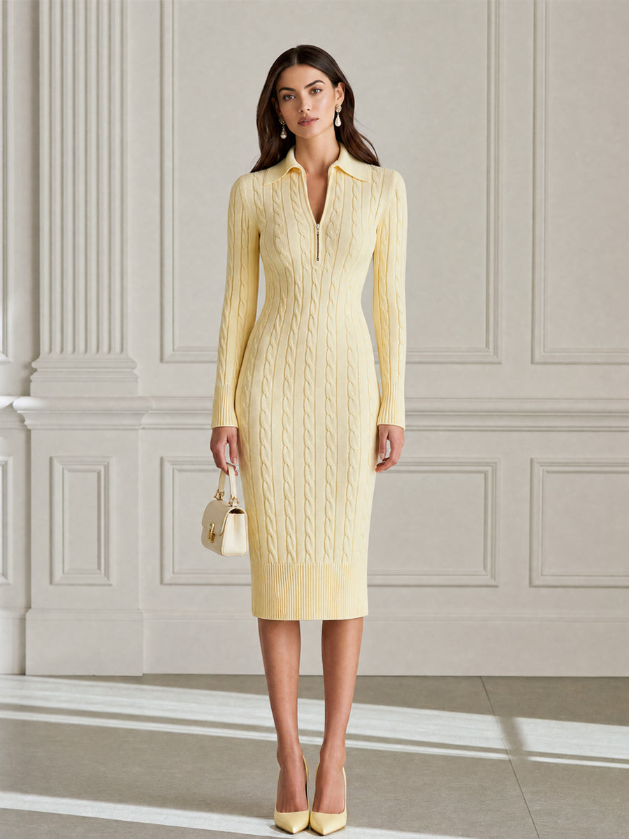 Butter Yellow Cable Knit Zip-Collar Midi Sweater Dress
