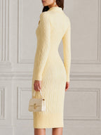 Butter Yellow Cable Knit Zip-Collar Midi Sweater Dress