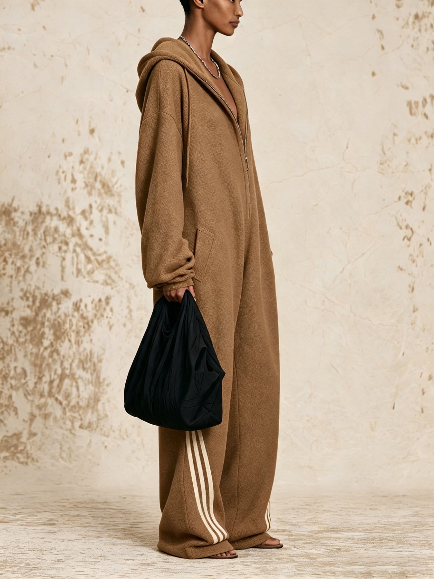 Oversized Hooded Half-Zip Jumpsuit | Side Stripe Loungewear Onesie