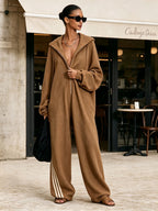 Oversized Hooded Half-Zip Jumpsuit | Side Stripe Loungewear Onesie