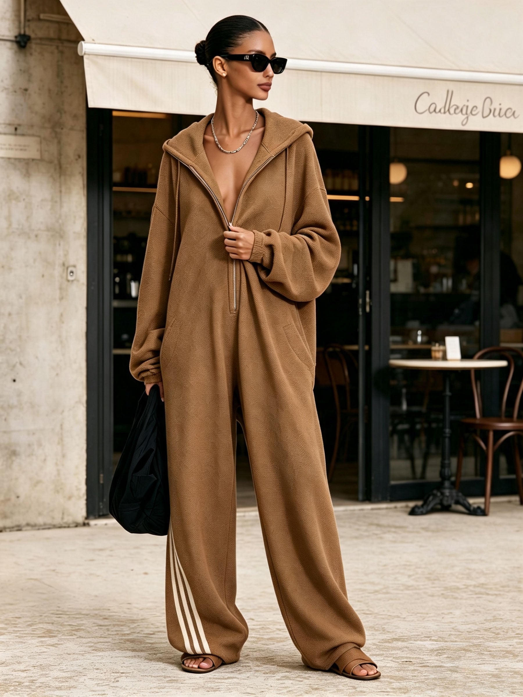 Oversized Hooded Half-Zip Jumpsuit | Side Stripe Loungewear Onesie