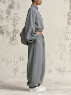 Chinese Frog Button Crop Sweatshirt & Baggy Jogger Two-Piece Set