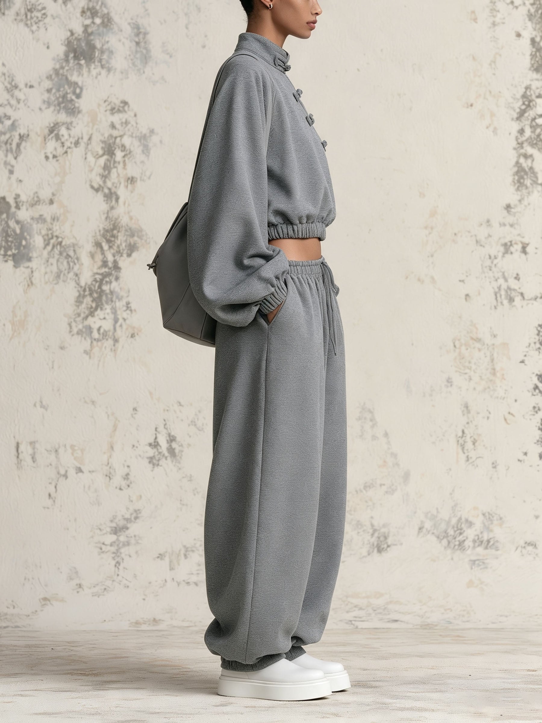 Chinese Frog Button Crop Sweatshirt & Baggy Jogger Two-Piece Set