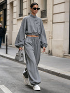 Chinese Frog Button Crop Sweatshirt & Baggy Jogger Two-Piece Set