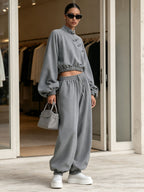 Chinese Frog Button Crop Sweatshirt & Baggy Jogger Two-Piece Set